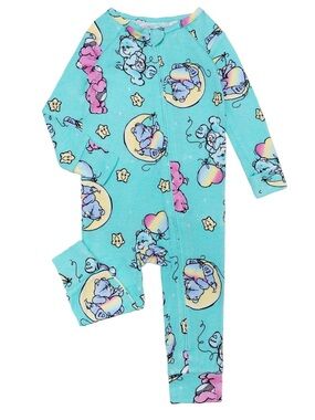 Care Bears Girls One Piece Pajama Sleeper Zip Front Rainbow Hearts Turquoise NWT